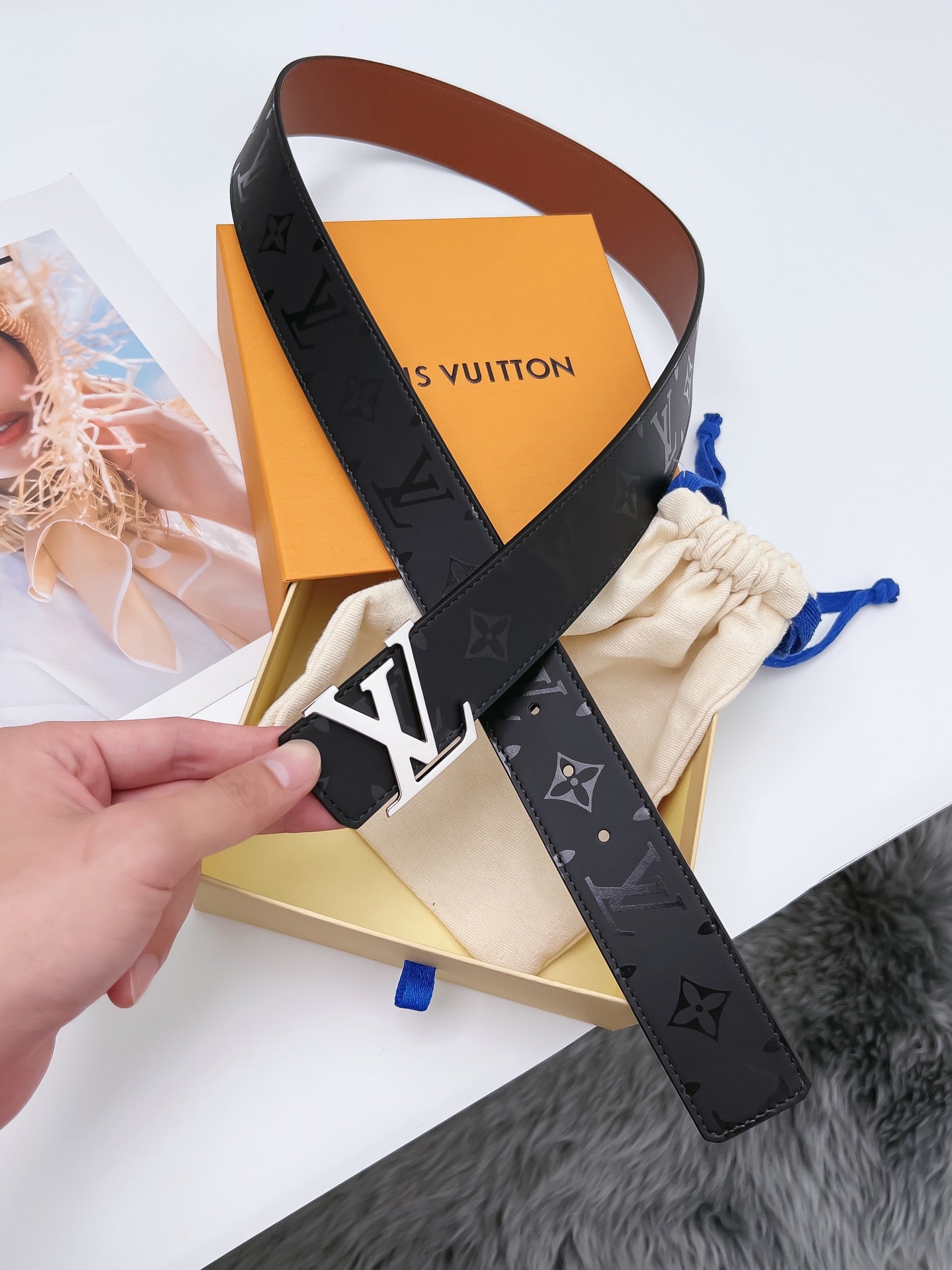 Louis Vuitton LV Initiales 40mm Reversible Belt Monogram Eclipse Canvas Silver Buckle