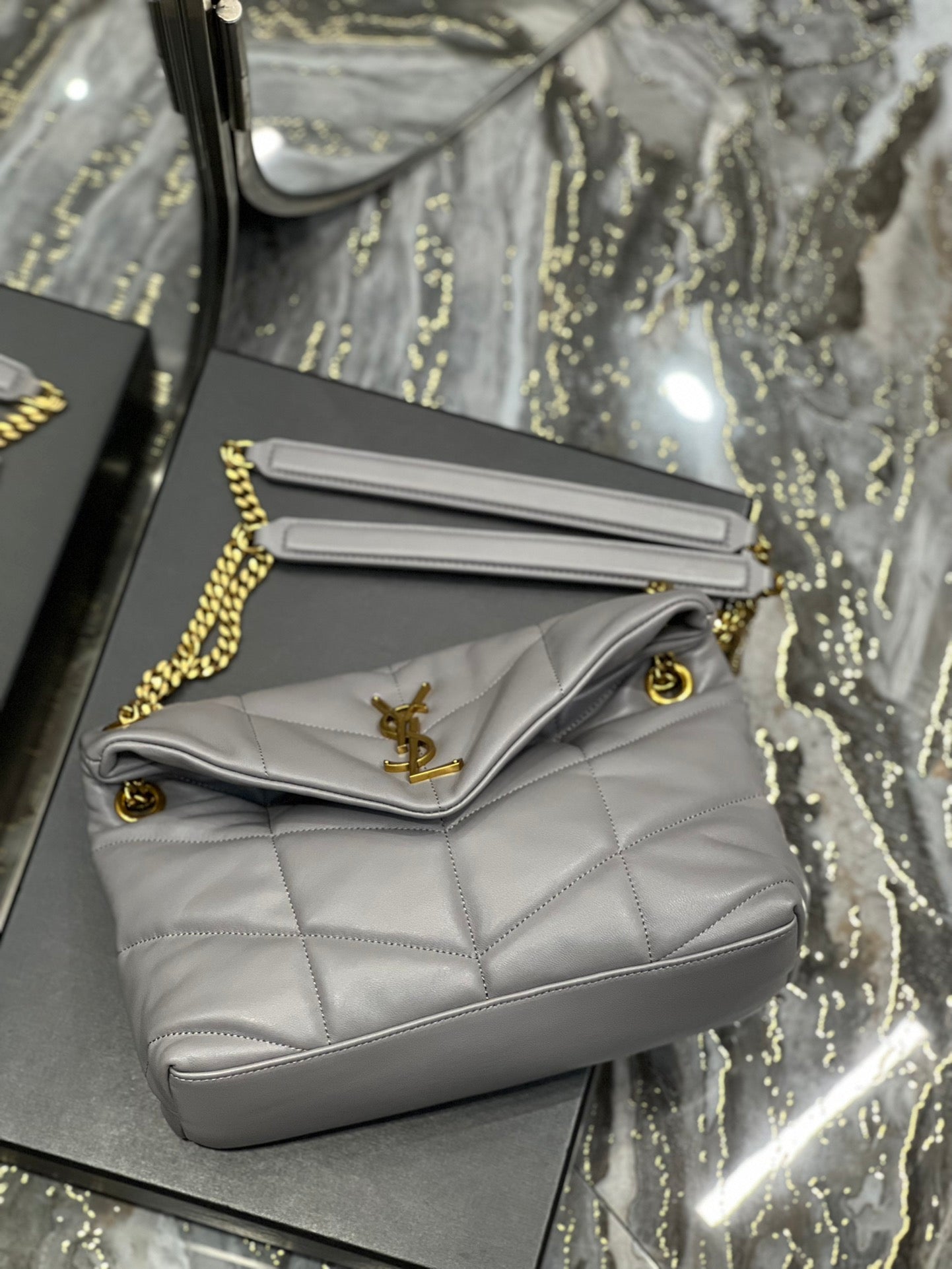Saint Laurent Loulou Puffer Small Shoulder Bag in Quilted Leather Grey