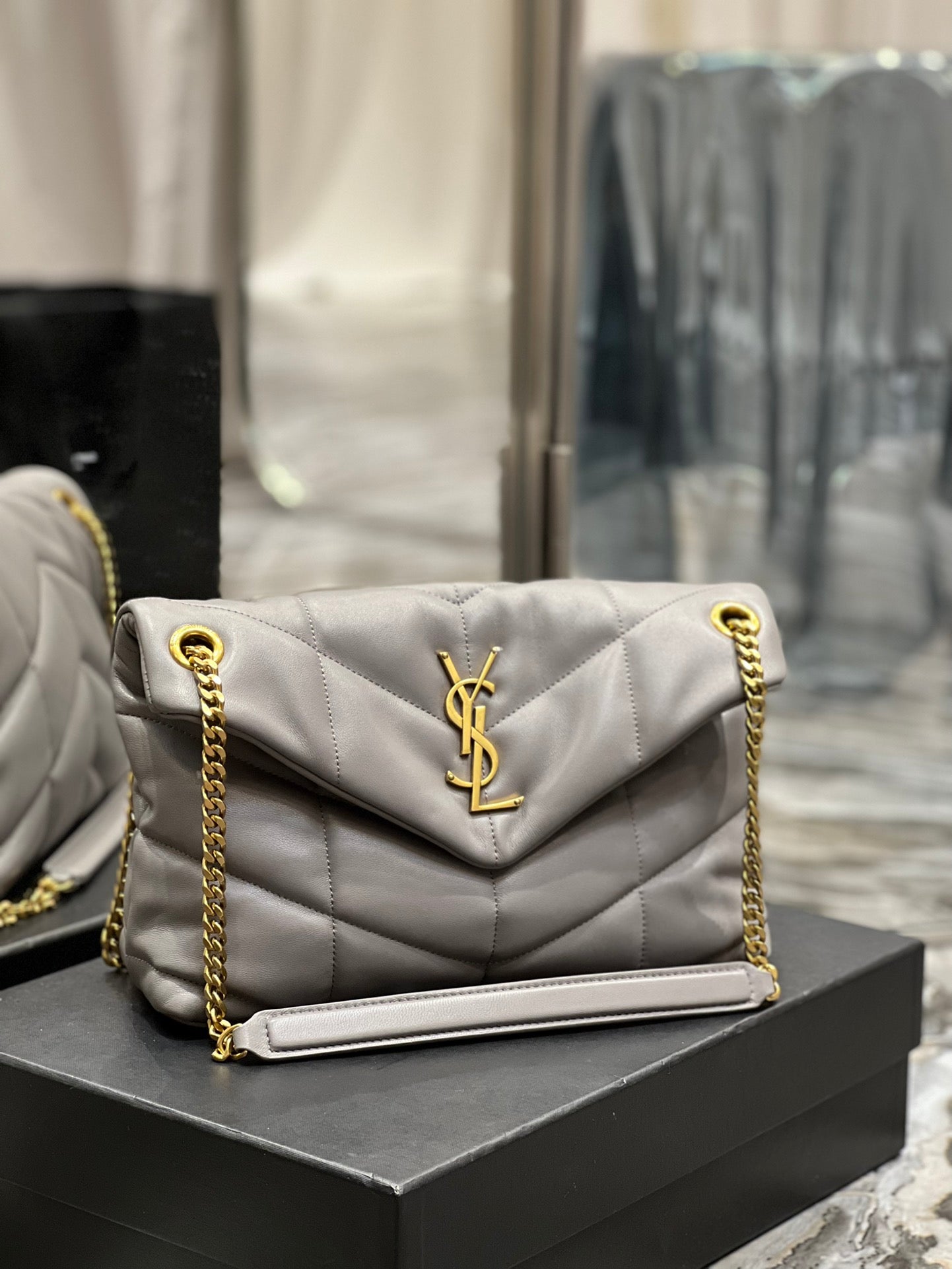 Saint Laurent Loulou Puffer Small Shoulder Bag in Quilted Leather Grey