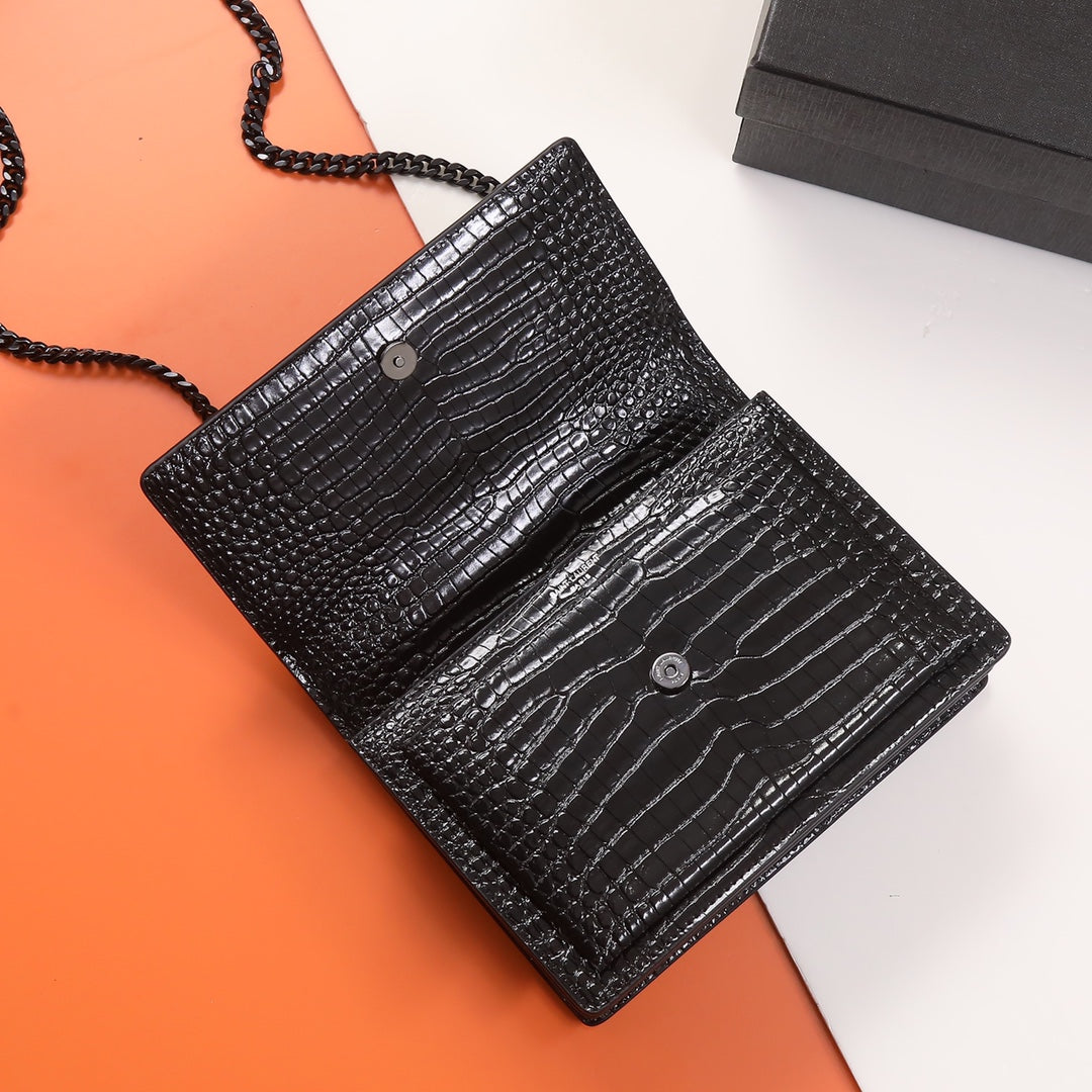 Saint Laurent Sunset Medium Crocodile-Embossed Leather Shoulder Bag - Black