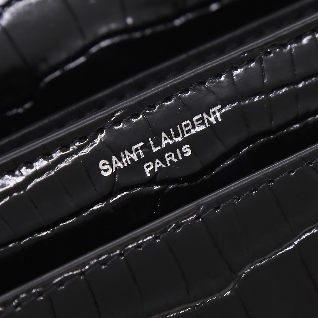 Saint Laurent Sunset Medium Crocodile-Embossed Leather Shoulder Bag - Black