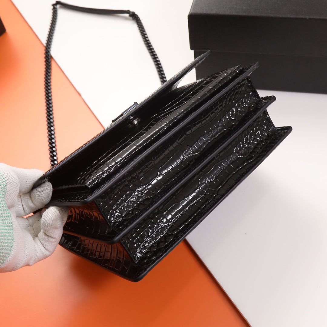Saint Laurent Sunset Medium Crocodile-Embossed Leather Shoulder Bag - Black