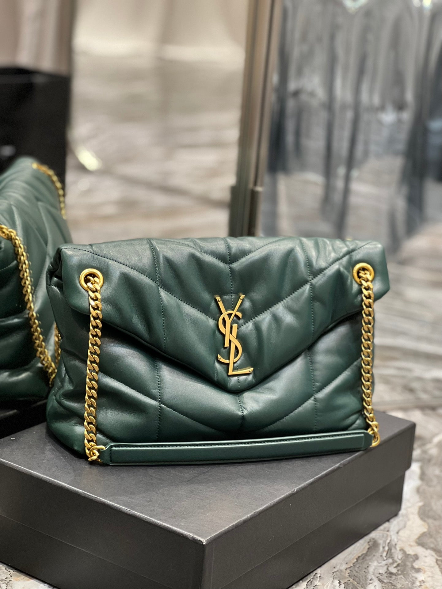 Saint Laurent Loulou Puffer Small in Quilted Lambskin - Dark Green