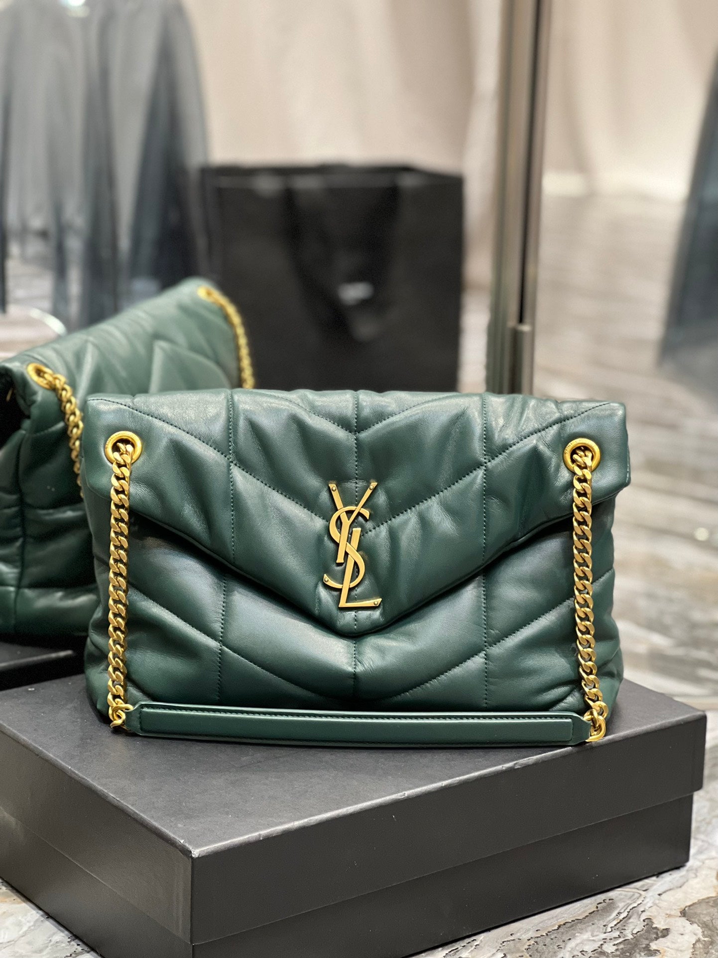Saint Laurent Loulou Puffer Small in Quilted Lambskin - Dark Green