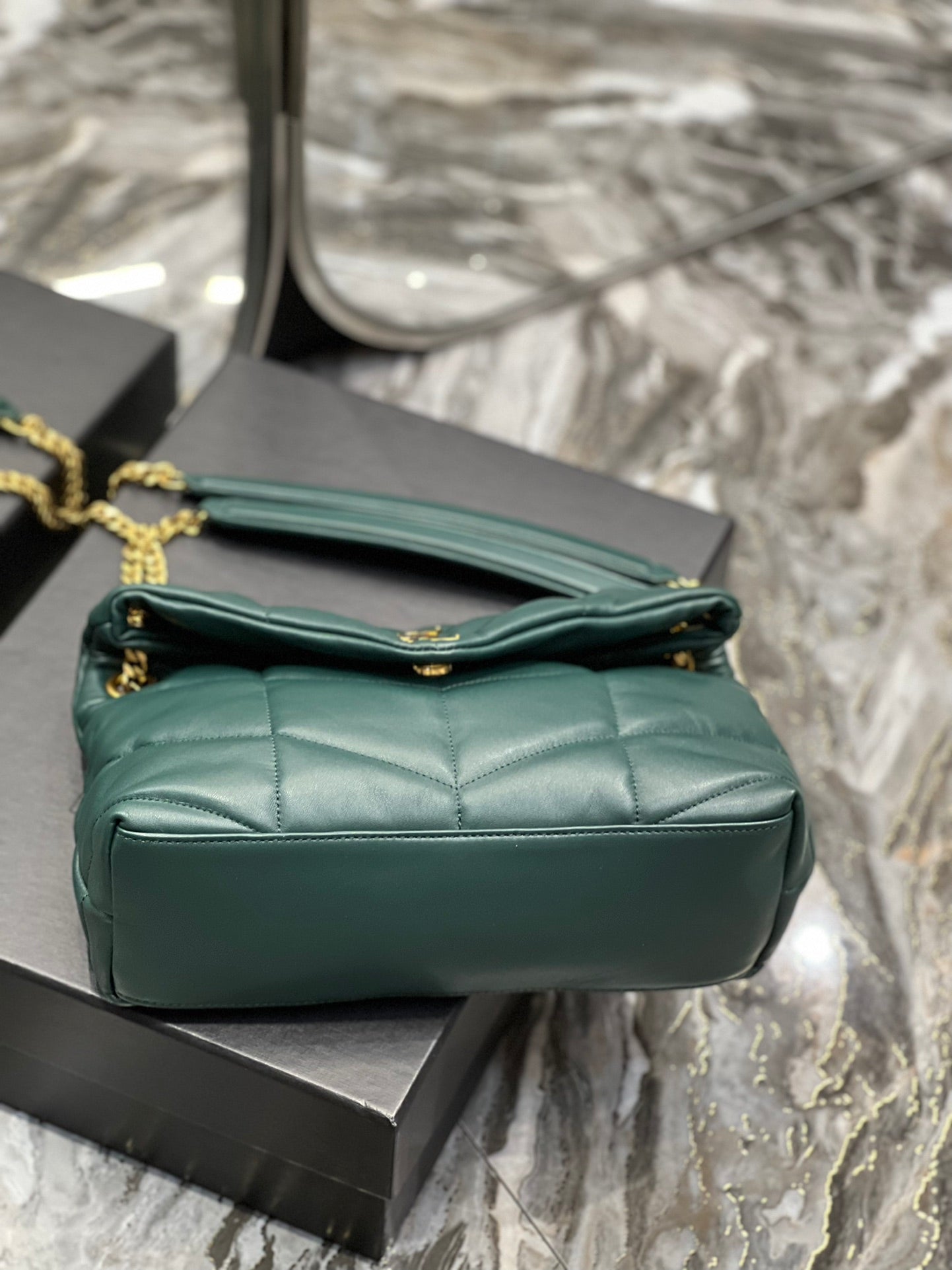 Saint Laurent Small Loulou Puffer Shoulder Bag in Dark Green Quilted Leather