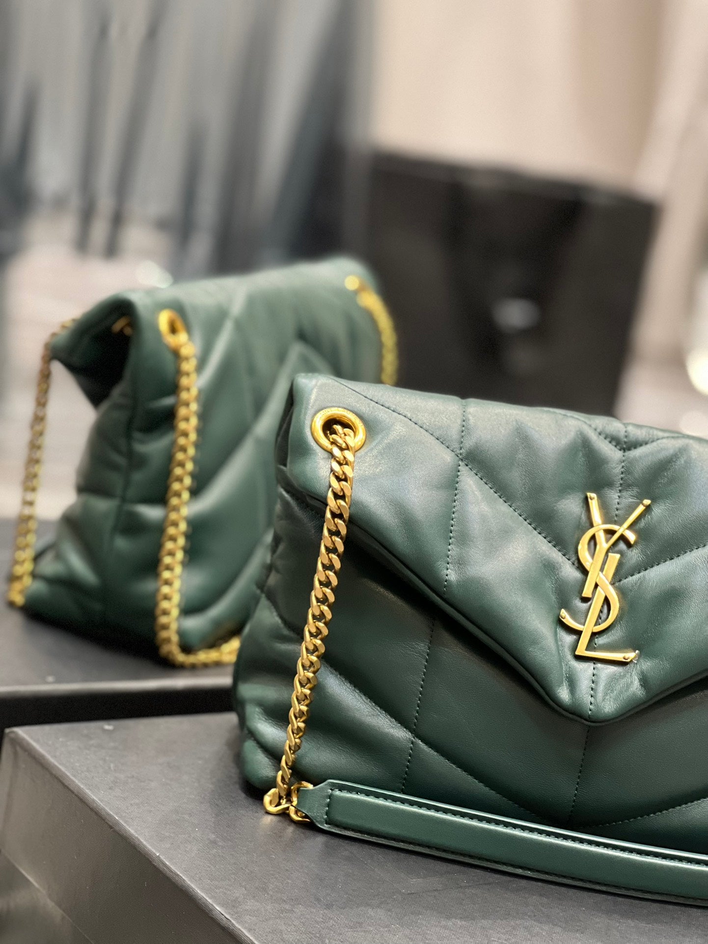Saint Laurent Small Loulou Puffer Shoulder Bag in Dark Green Quilted Leather