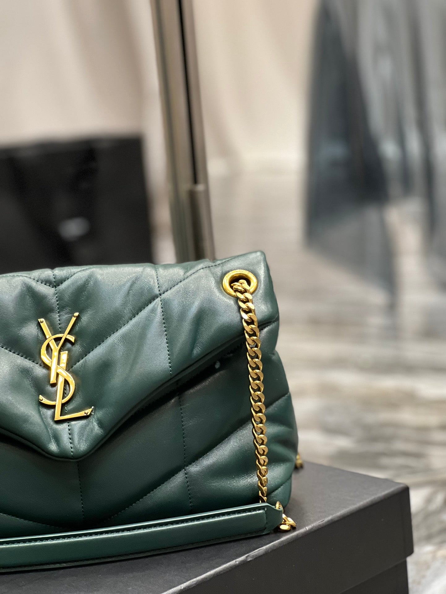 Saint Laurent Small Loulou Puffer Shoulder Bag in Dark Green Quilted Leather