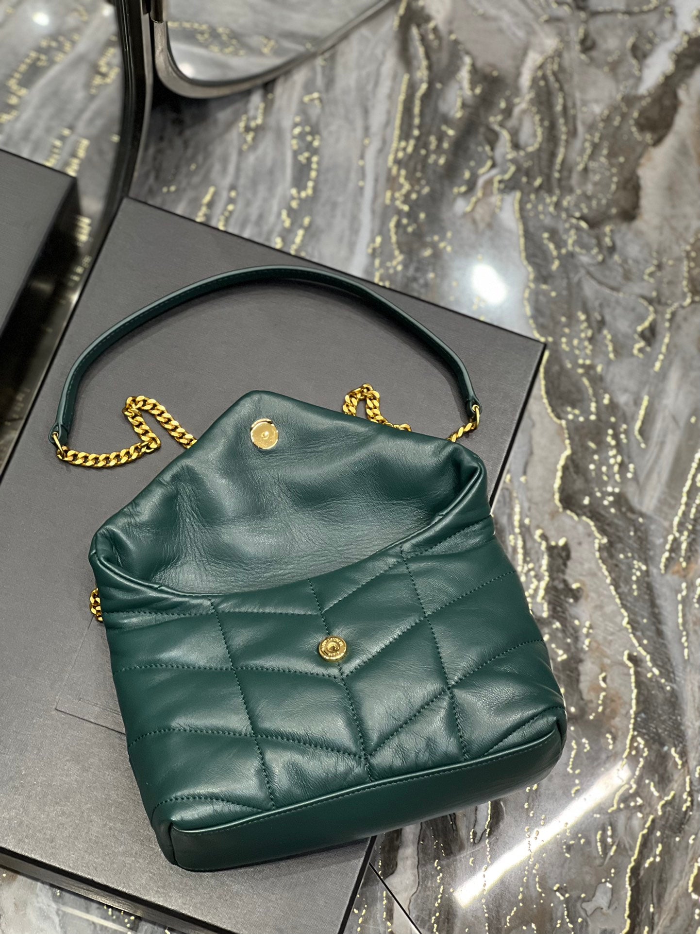 Saint Laurent Puffer Small Shoulder Bag - Dark Green Quilted Lambskin with Gold-Tone Hardware