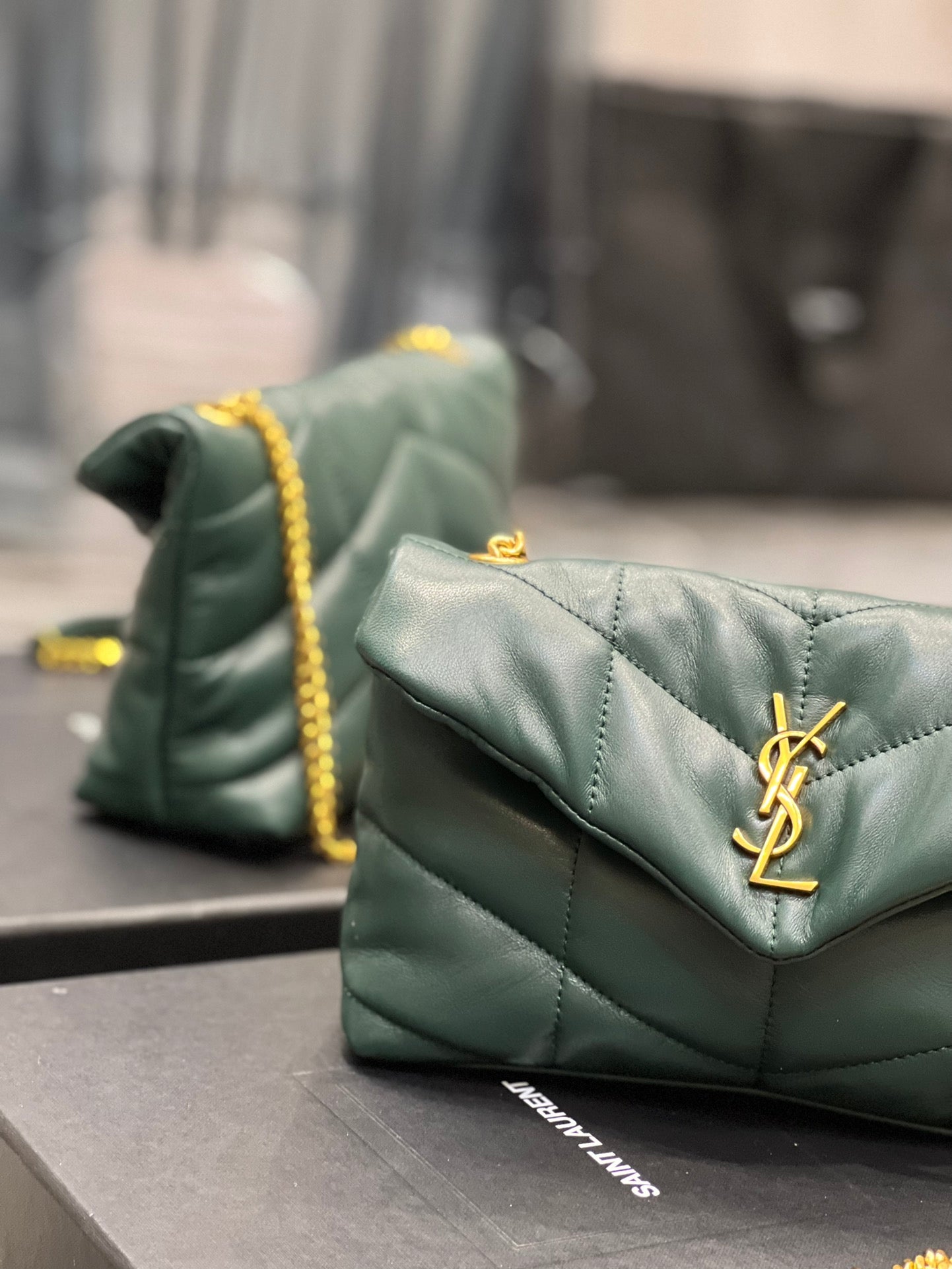 Saint Laurent Puffer Small Shoulder Bag - Dark Green Quilted Lambskin with Gold-Tone Hardware