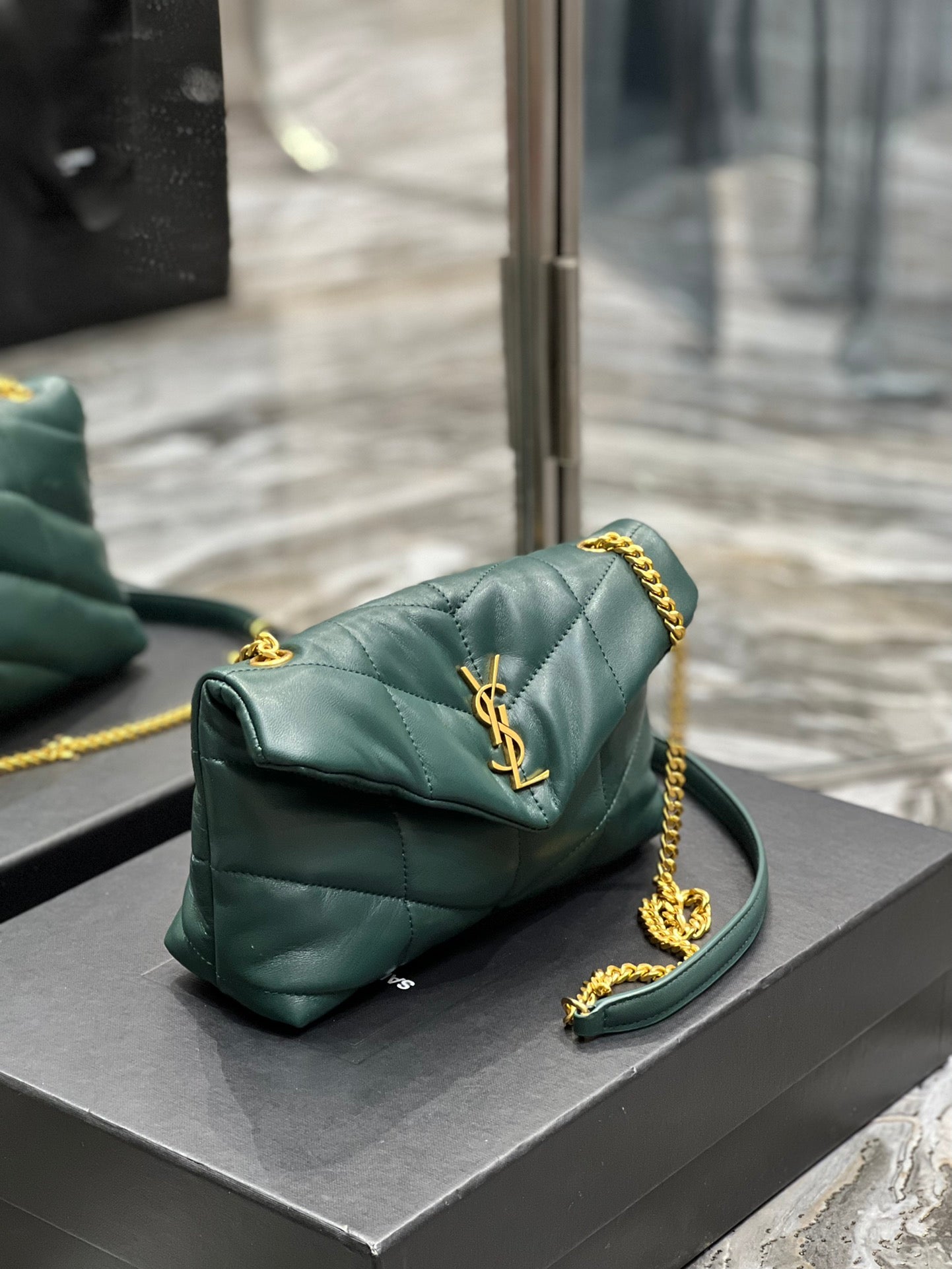 Saint Laurent Puffer Small Shoulder Bag - Dark Green Quilted Lambskin with Gold-Tone Hardware