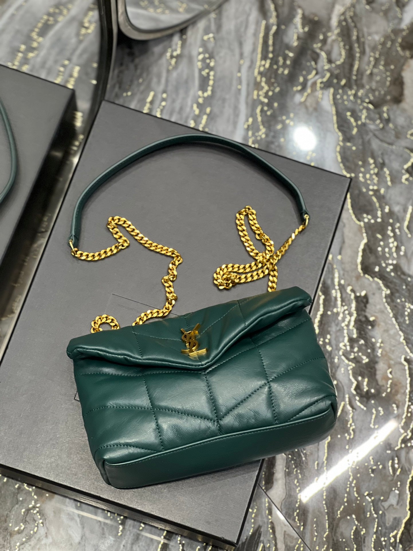 Saint Laurent Puffer Small Shoulder Bag - Dark Green Quilted Lambskin with Gold-Tone Hardware