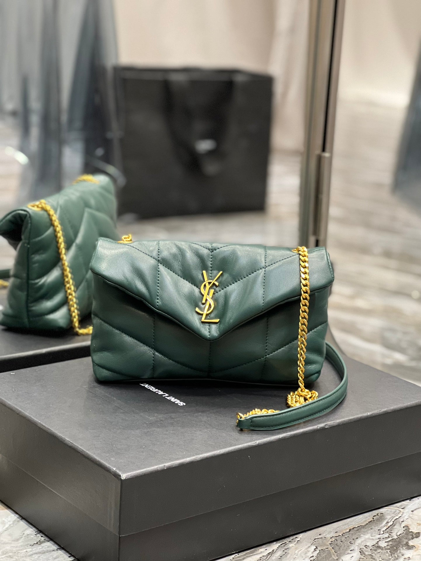 Saint Laurent Puffer Small Shoulder Bag - Dark Green Quilted Lambskin with Gold-Tone Hardware