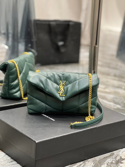 Saint Laurent Puffer Small Shoulder Bag - Dark Green Quilted Lambskin with Gold-Tone Hardware