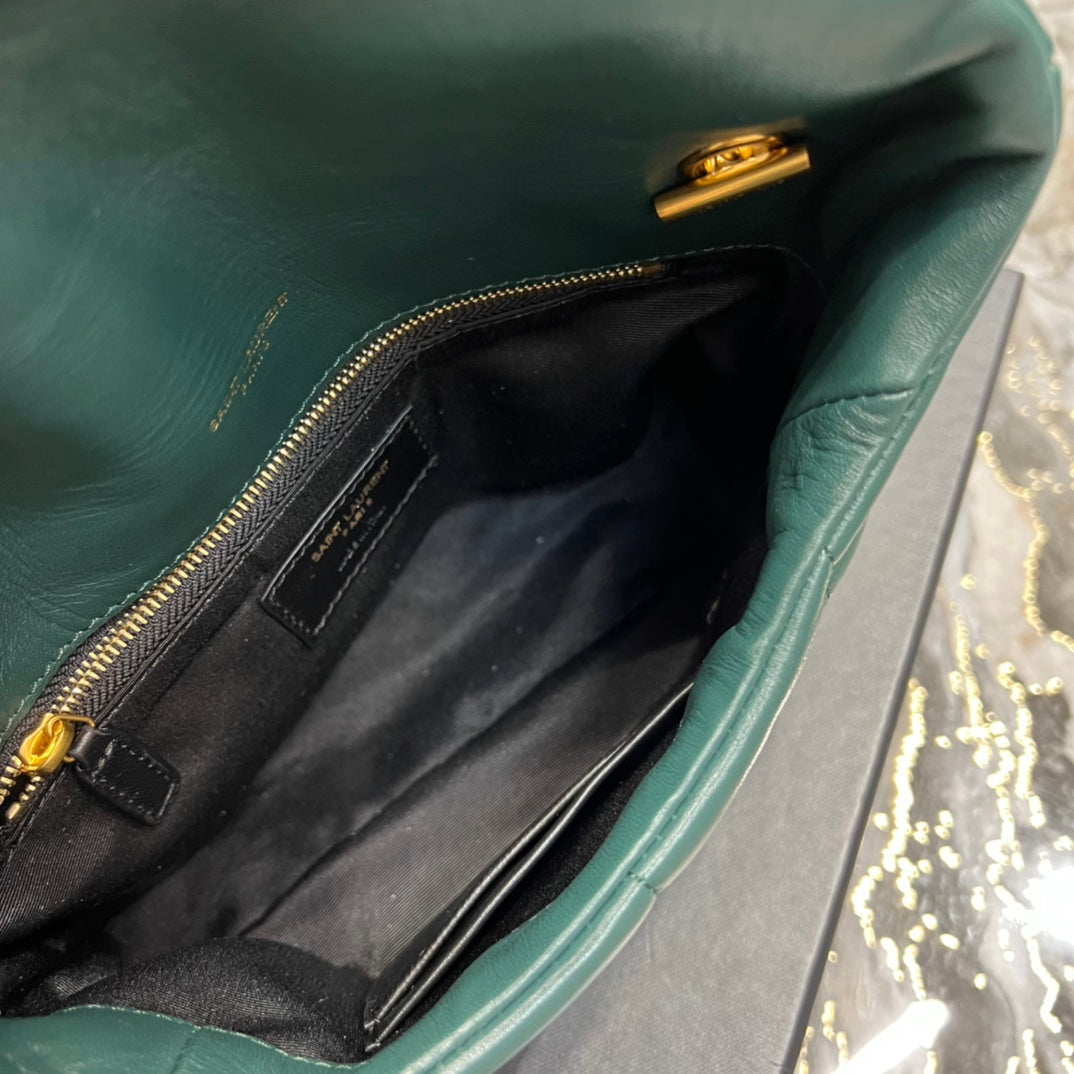 Saint Laurent Puffer Small Shoulder Bag - Dark Green Quilted Lambskin with Gold-Tone Hardware