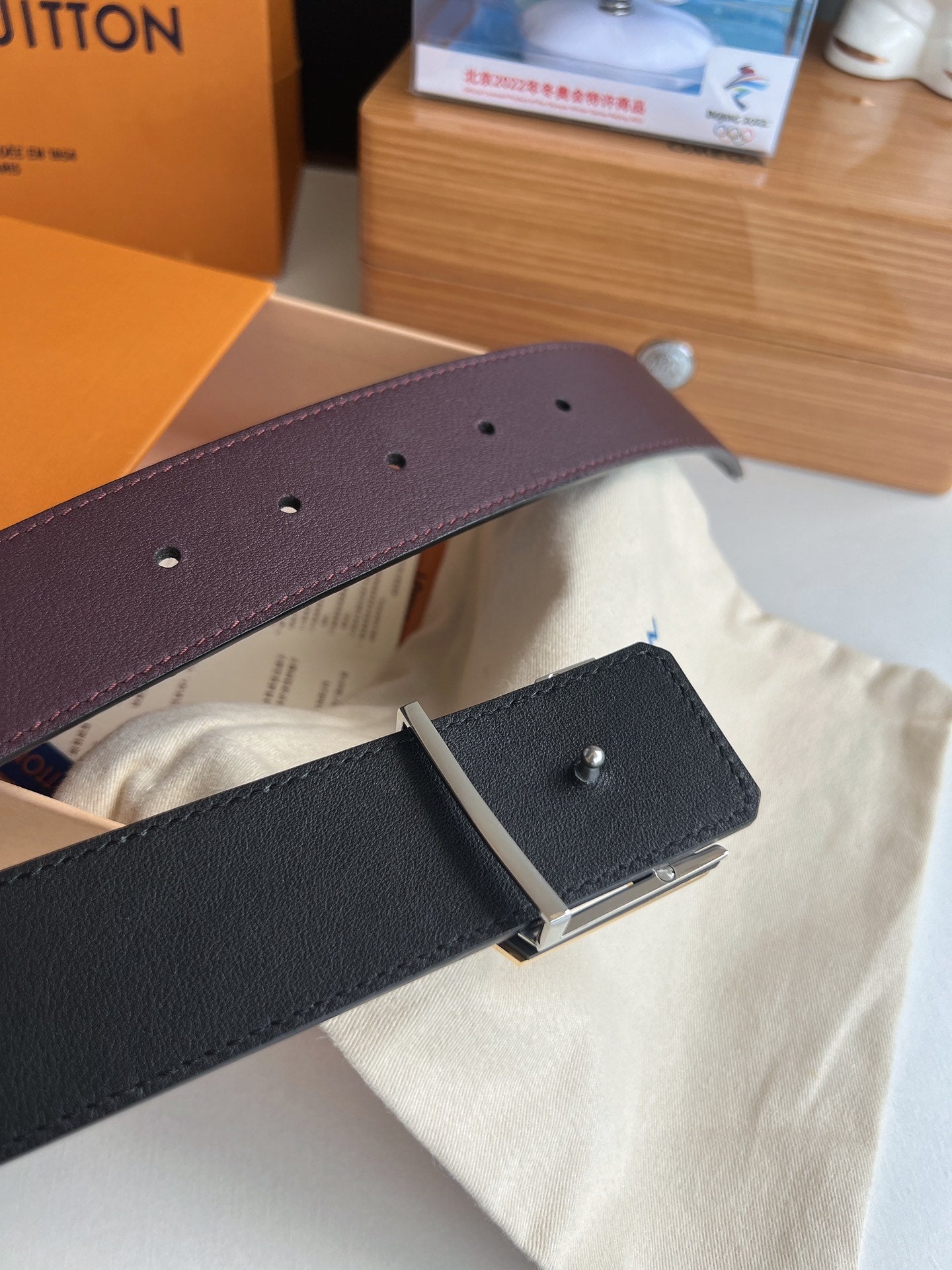 Louis Vuitton LV Initiales 40mm Burgundy Leather Belt with Gold Buckle