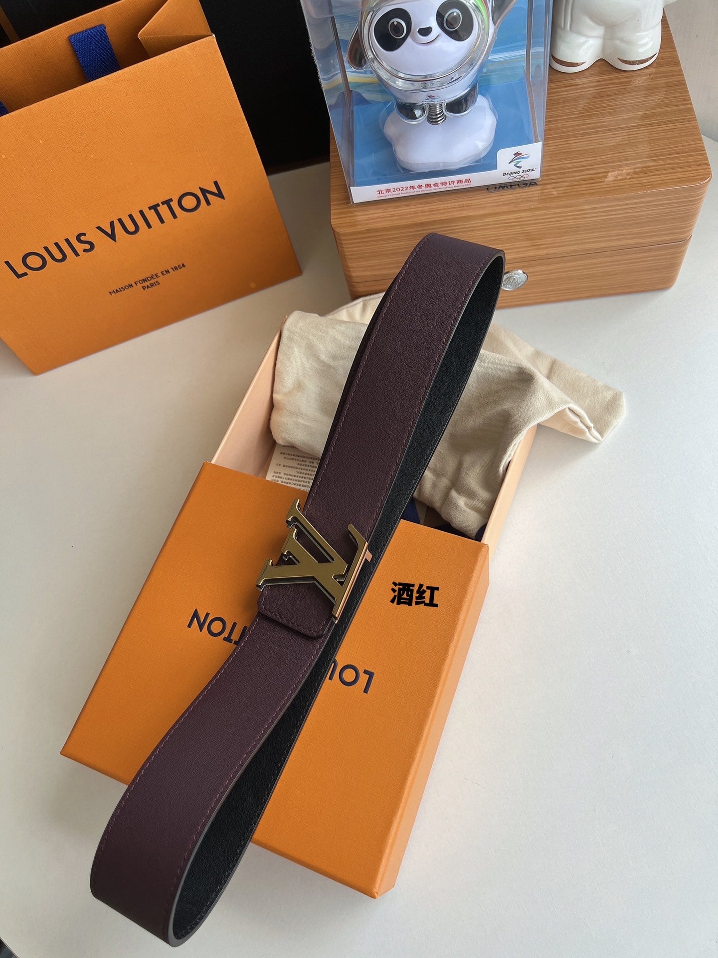 Louis Vuitton LV Initiales 40mm Burgundy Leather Belt with Gold Buckle