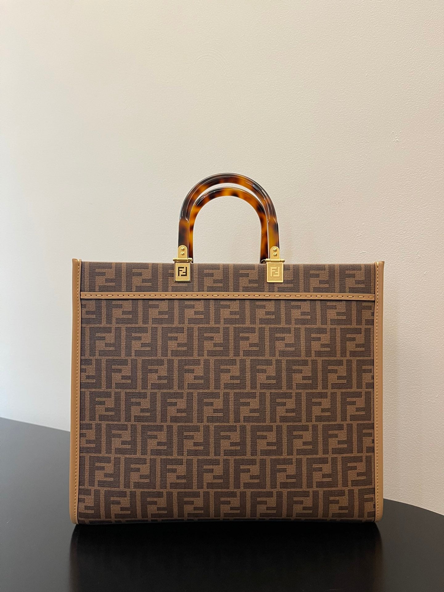 Fendi Sunshine Medium Brown FF Jacquard Tote Bag with Plexiglass Handles
