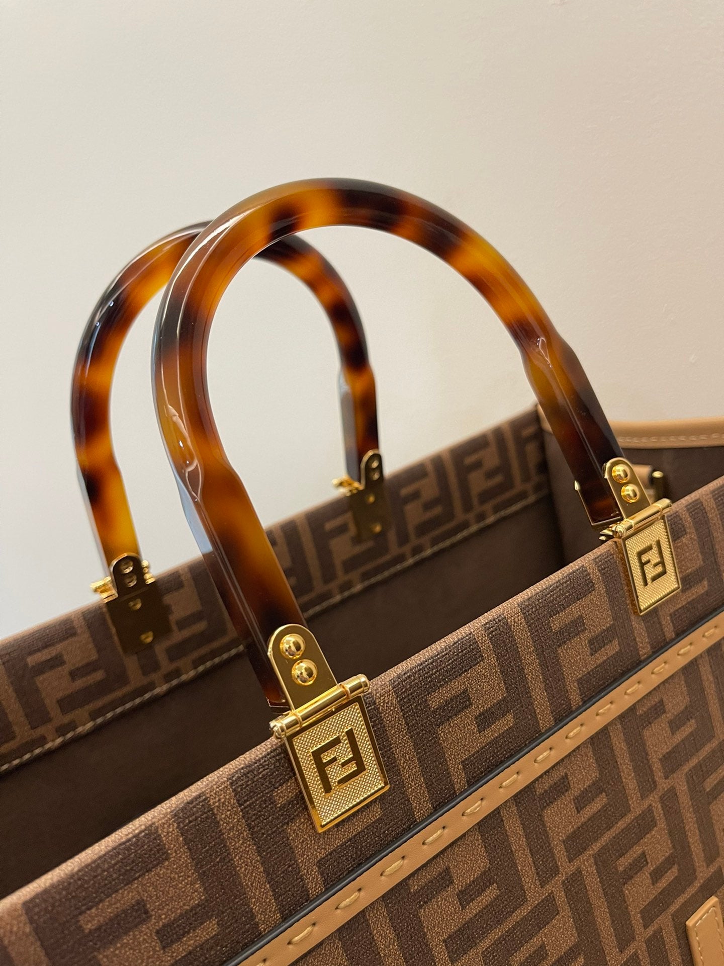 Fendi Sunshine Medium Brown FF Jacquard Tote Bag with Plexiglass Handles