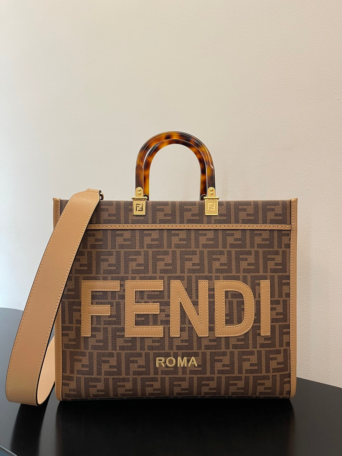 Fendi Sunshine Medium Brown FF Jacquard Tote Bag with Plexiglass Handles