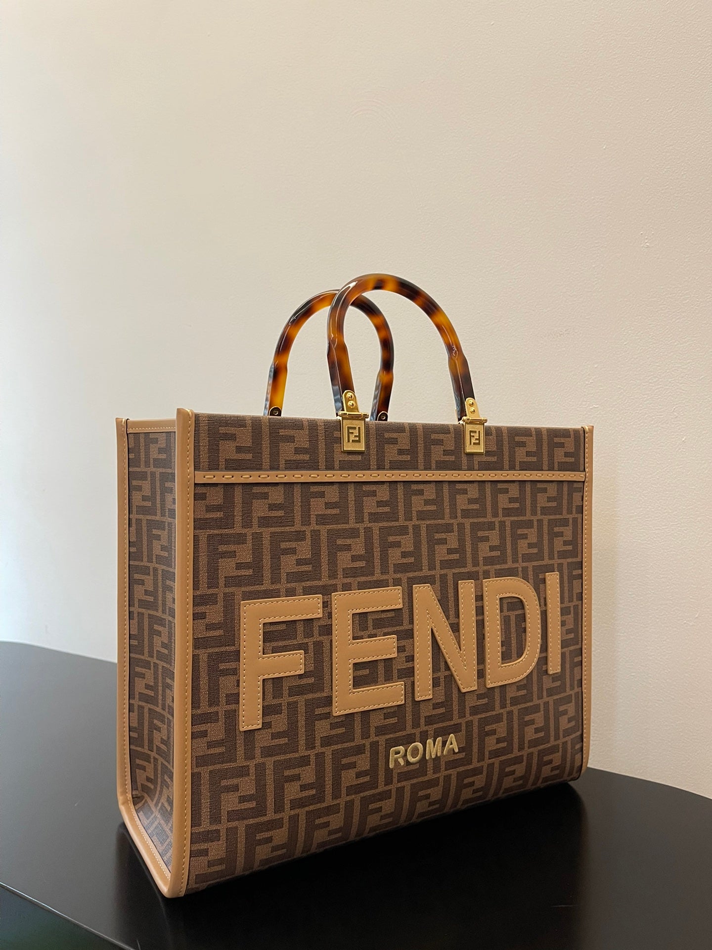 Fendi Sunshine Medium Brown FF Jacquard Tote Bag with Plexiglass Handles