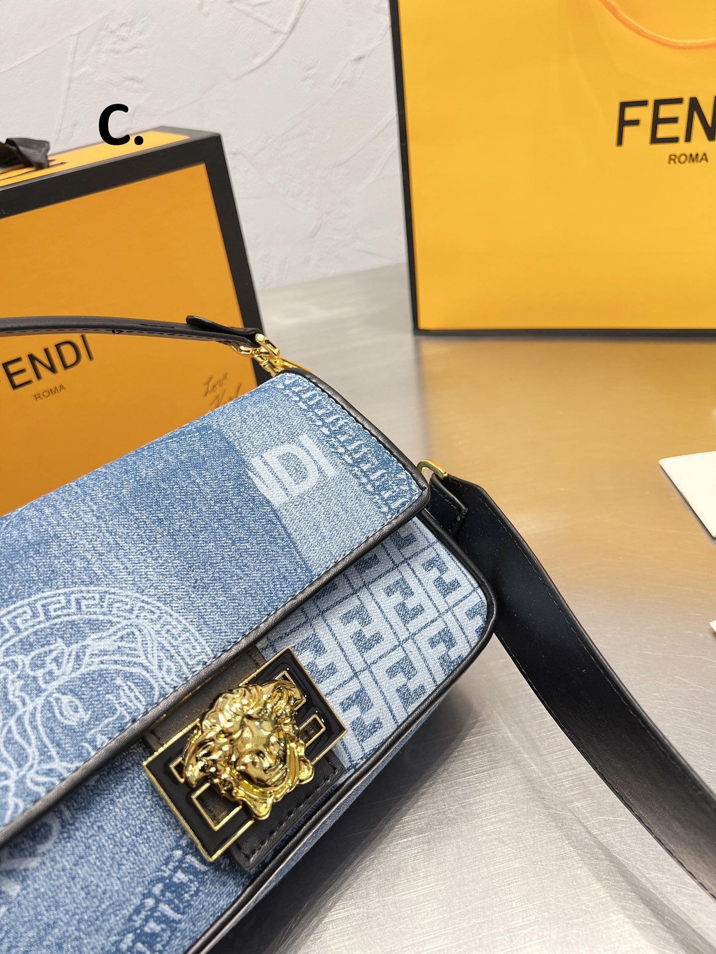 Fendace Denim Medusa Shoulder Bag - Blue Monogram Crossbody with Gold Hardware