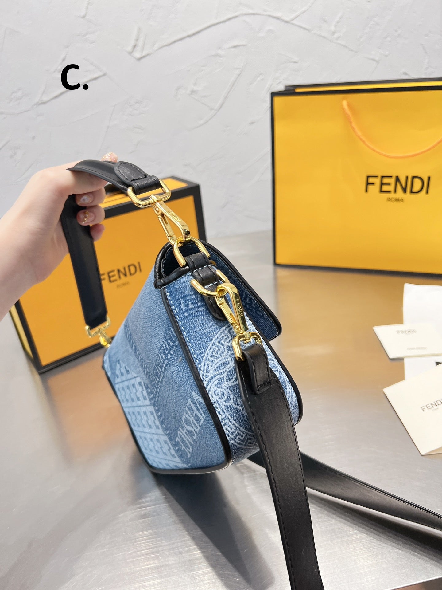 Fendace Baguette Denim Shoulder Bag with Medusa Clasp and FF Logo