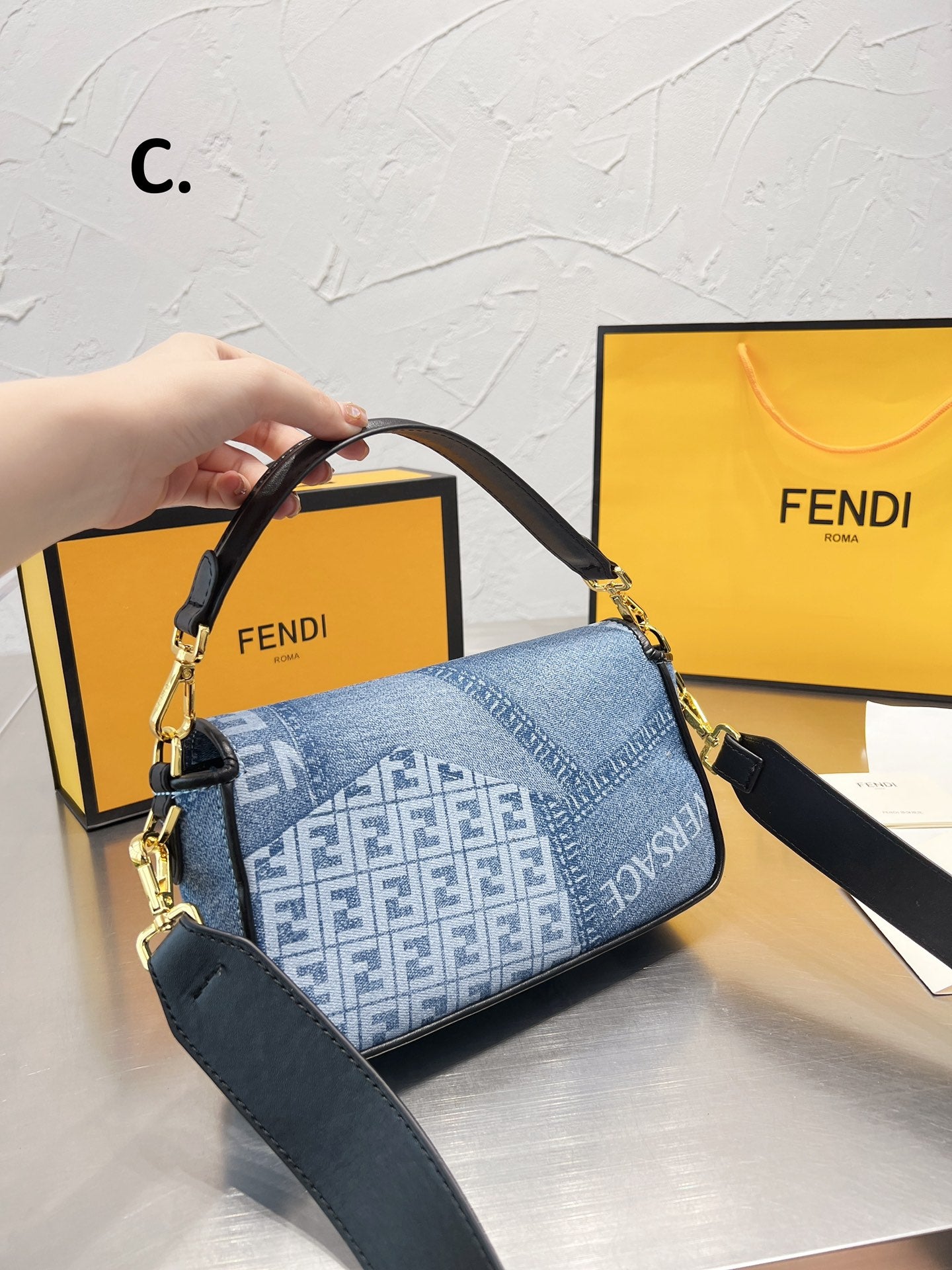 Fendace Denim Medusa Shoulder Bag - Blue Monogram Crossbody with Gold Hardware