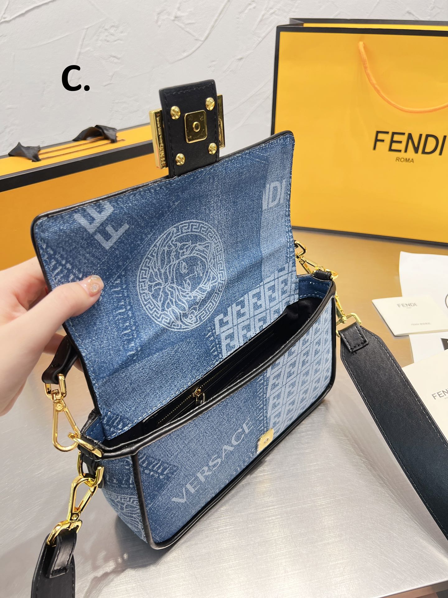 Fendace Denim Medusa Shoulder Bag - Blue Monogram Crossbody with Gold Hardware