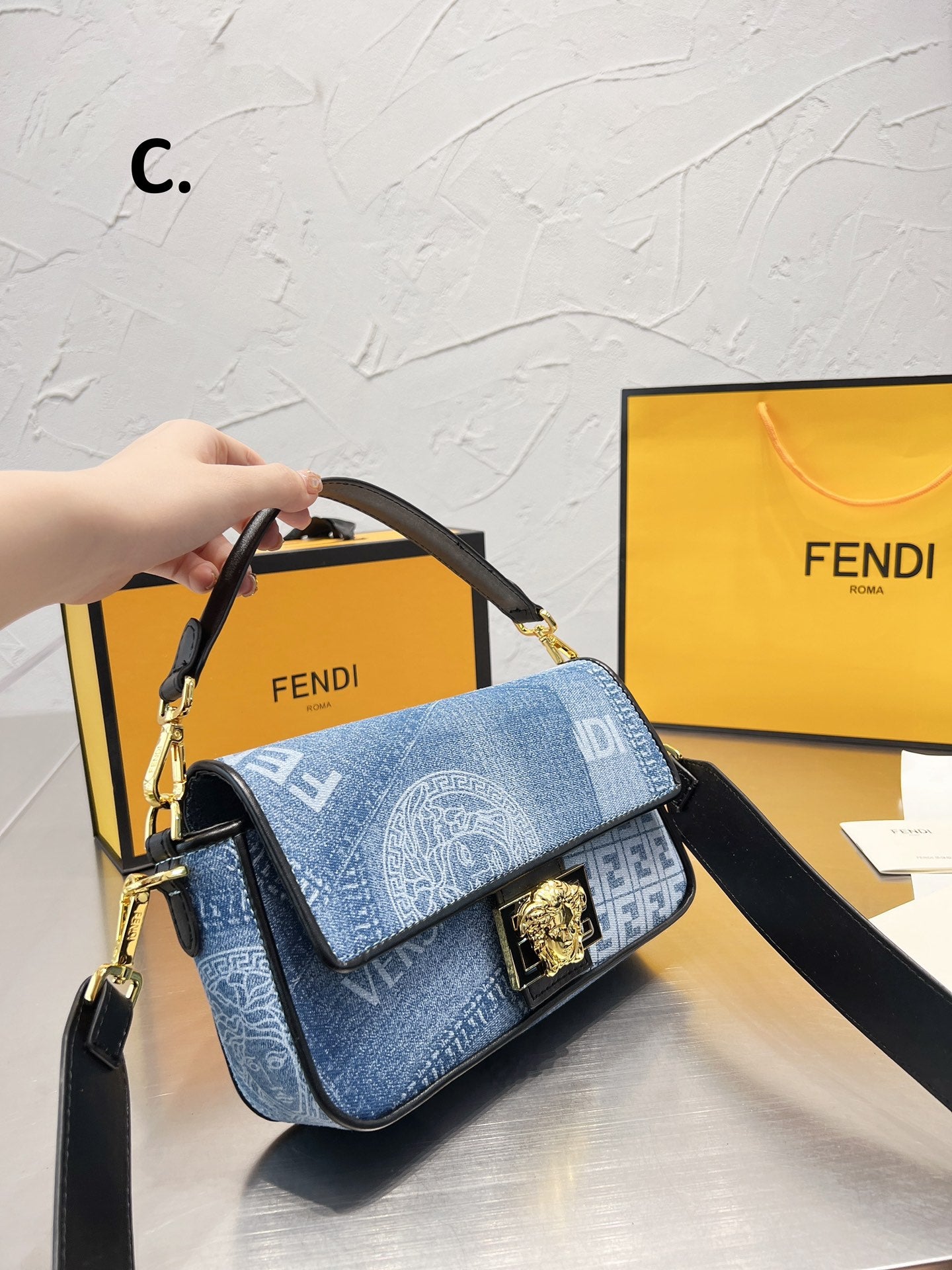 Fendace Denim Medusa Shoulder Bag - Blue Monogram Crossbody with Gold Hardware