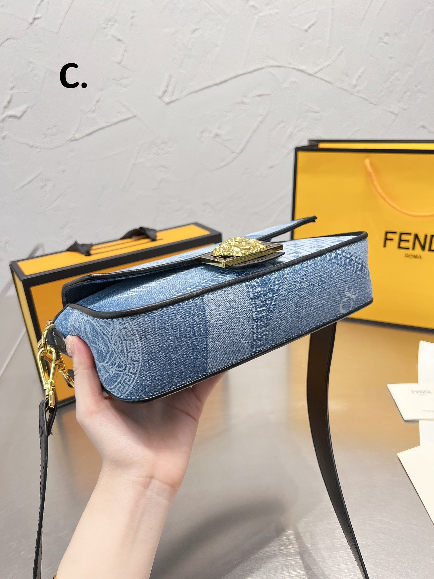 Fendace Denim Medusa Shoulder Bag - Blue Monogram Crossbody with Gold Hardware