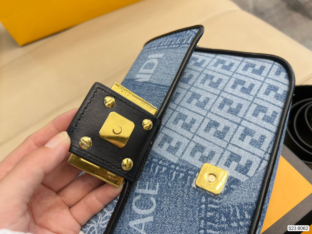Fendace Denim Logo Shoulder Bag with Medusa Clasp