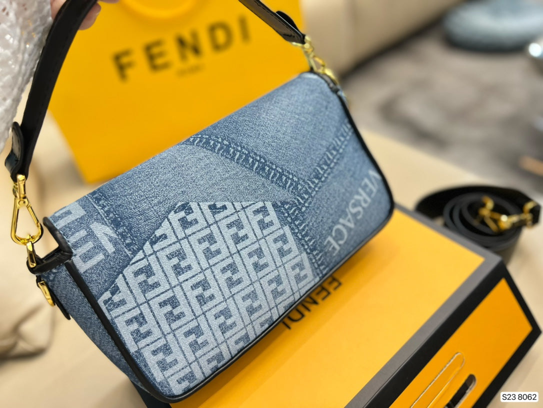 Fendace Denim Logo Shoulder Bag with Medusa Clasp