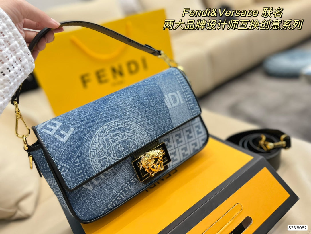 Fendace Denim Logo Shoulder Bag with Medusa Clasp