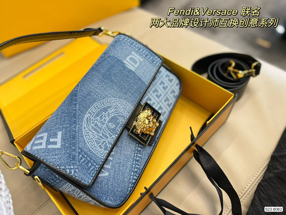 Fendace Denim Logo Shoulder Bag with Medusa Clasp