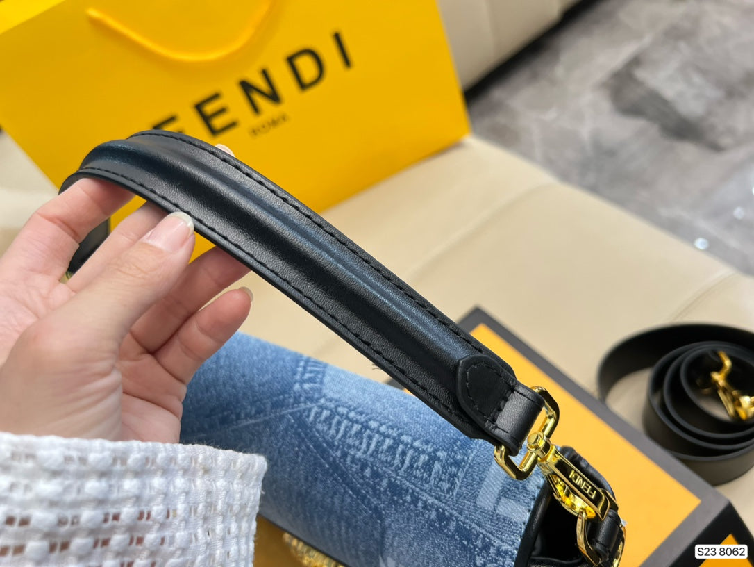 Fendace Denim Logo Shoulder Bag with Medusa Clasp
