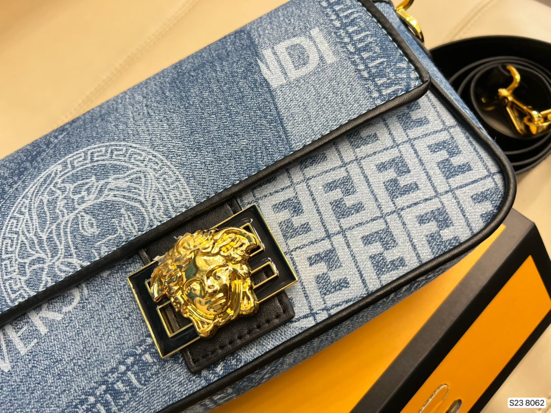 Fendace Denim Logo Shoulder Bag with Medusa Clasp
