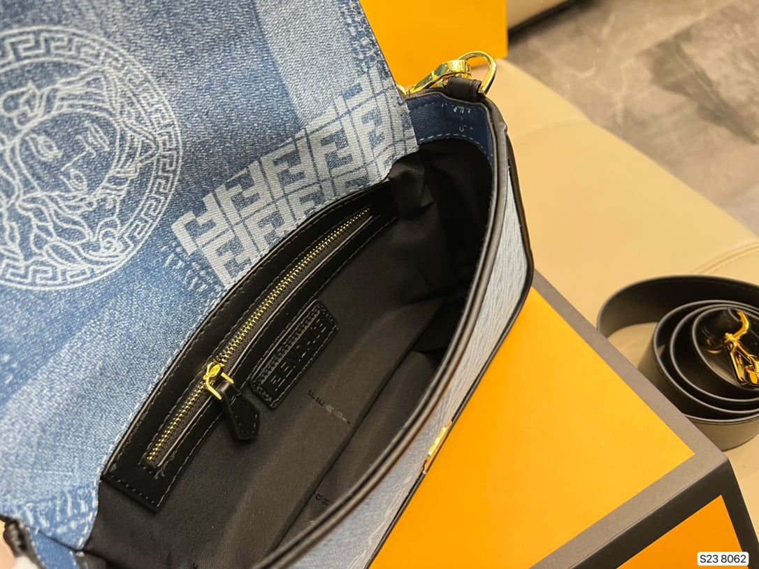 Fendace Fendi x Versace Denim Monogram Shoulder Bag with Gold Medusa Hardware