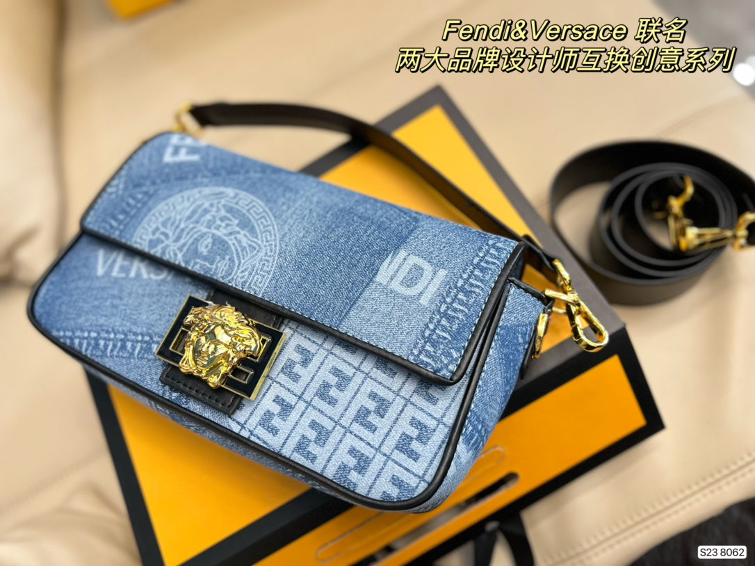 Fendace Denim Logo Shoulder Bag with Medusa Clasp