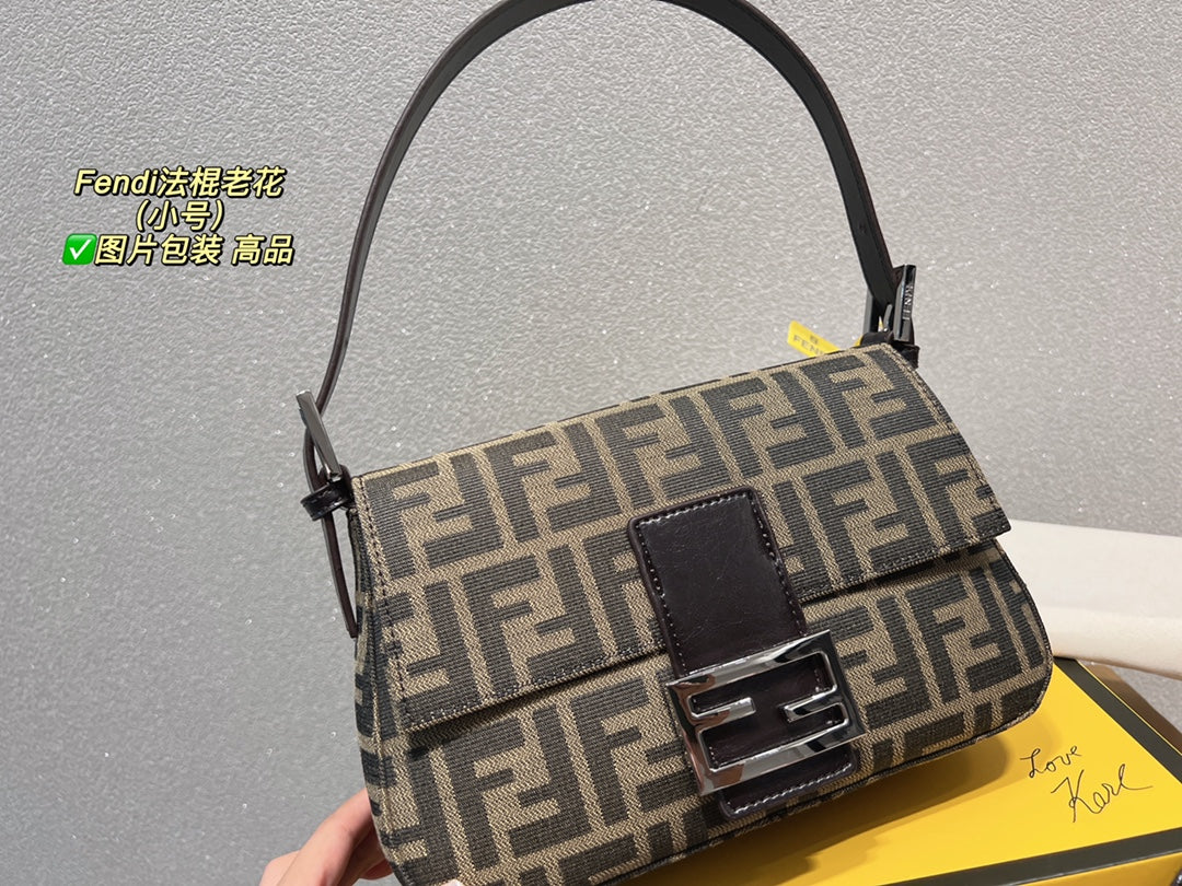 Fendi Baguette FF Monogram Canvas Shoulder Bag - Brown &amp; Tobacco