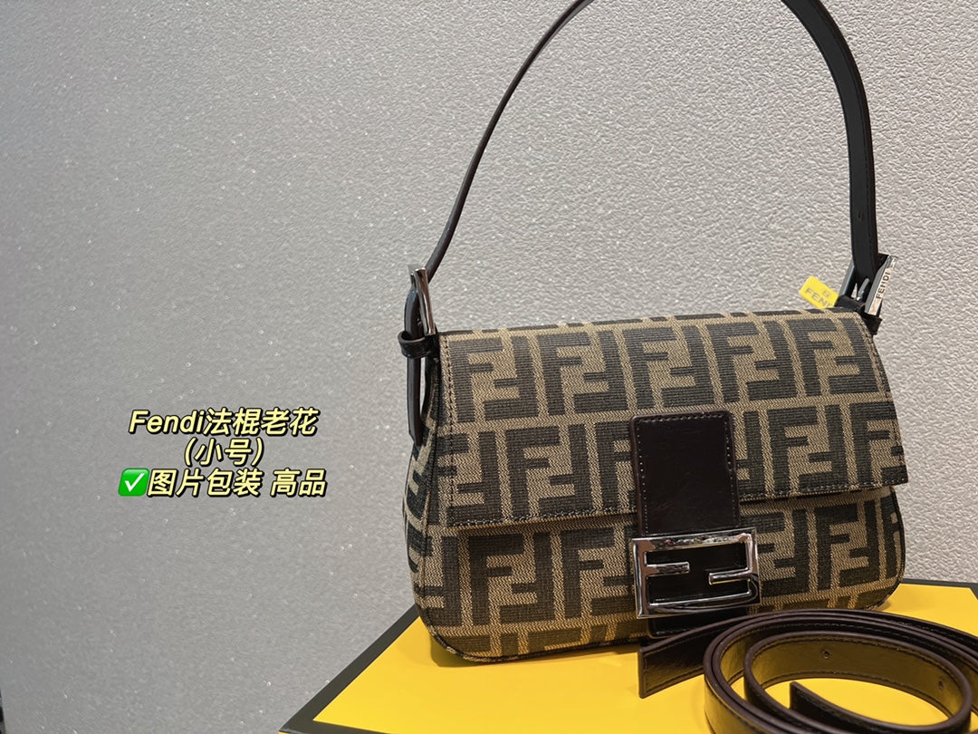 Fendi Baguette FF Monogram Canvas Shoulder Bag - Brown &amp; Tobacco