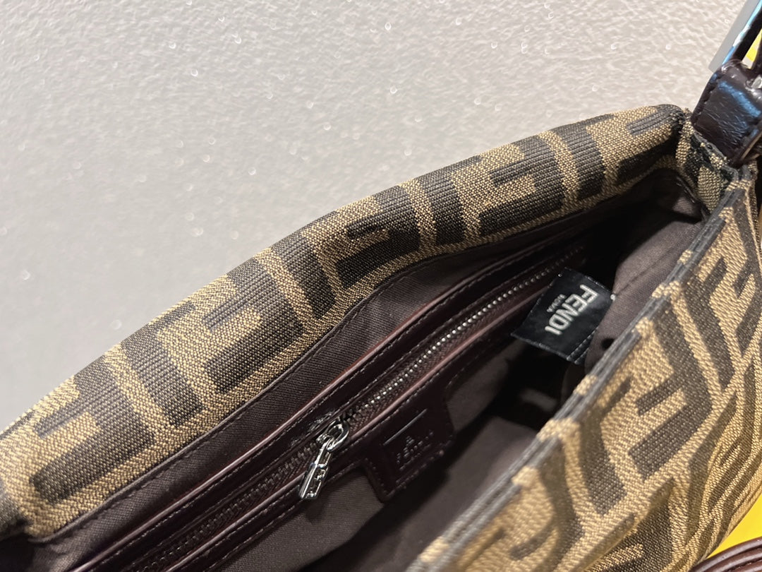 Fendi Baguette FF Monogram Canvas Shoulder Bag - Brown &amp; Tobacco