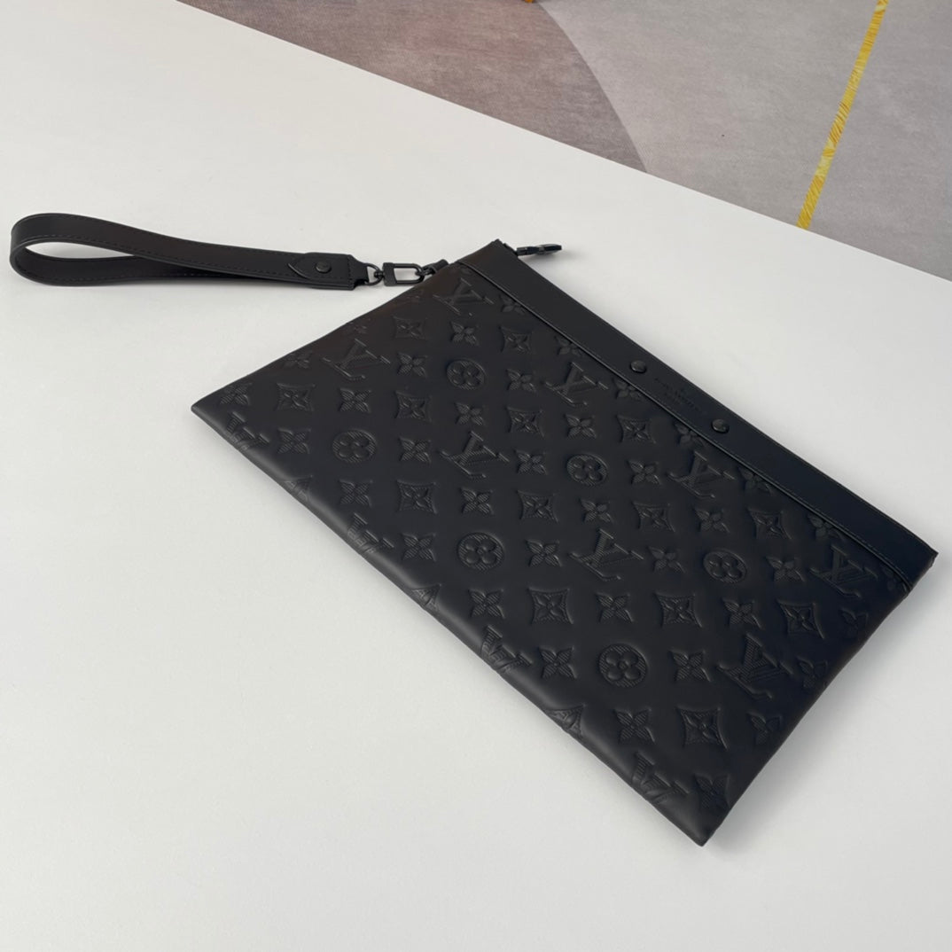 Louis Vuitton Pochette A4 Monogram Shadow Leather Black Clutch Bag
