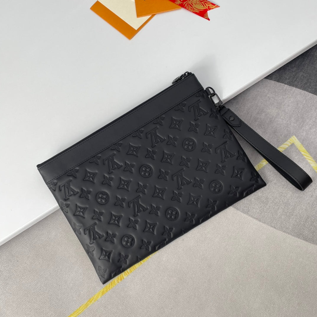 Louis Vuitton Pochette A4 Monogram Shadow Leather Black Clutch Bag