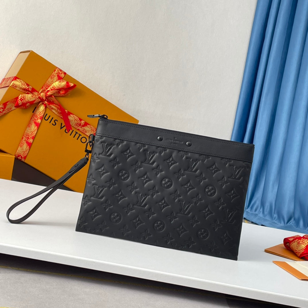Louis Vuitton Pochette A4 Monogram Shadow Leather Black Clutch Bag