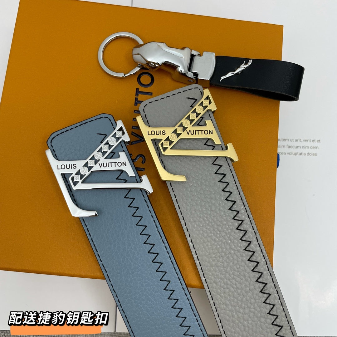 Louis Vuitton Leather Strap Keychain Bag Charm with LV Logo Buckle - Grey and Blue Pebbled Leather Accessories