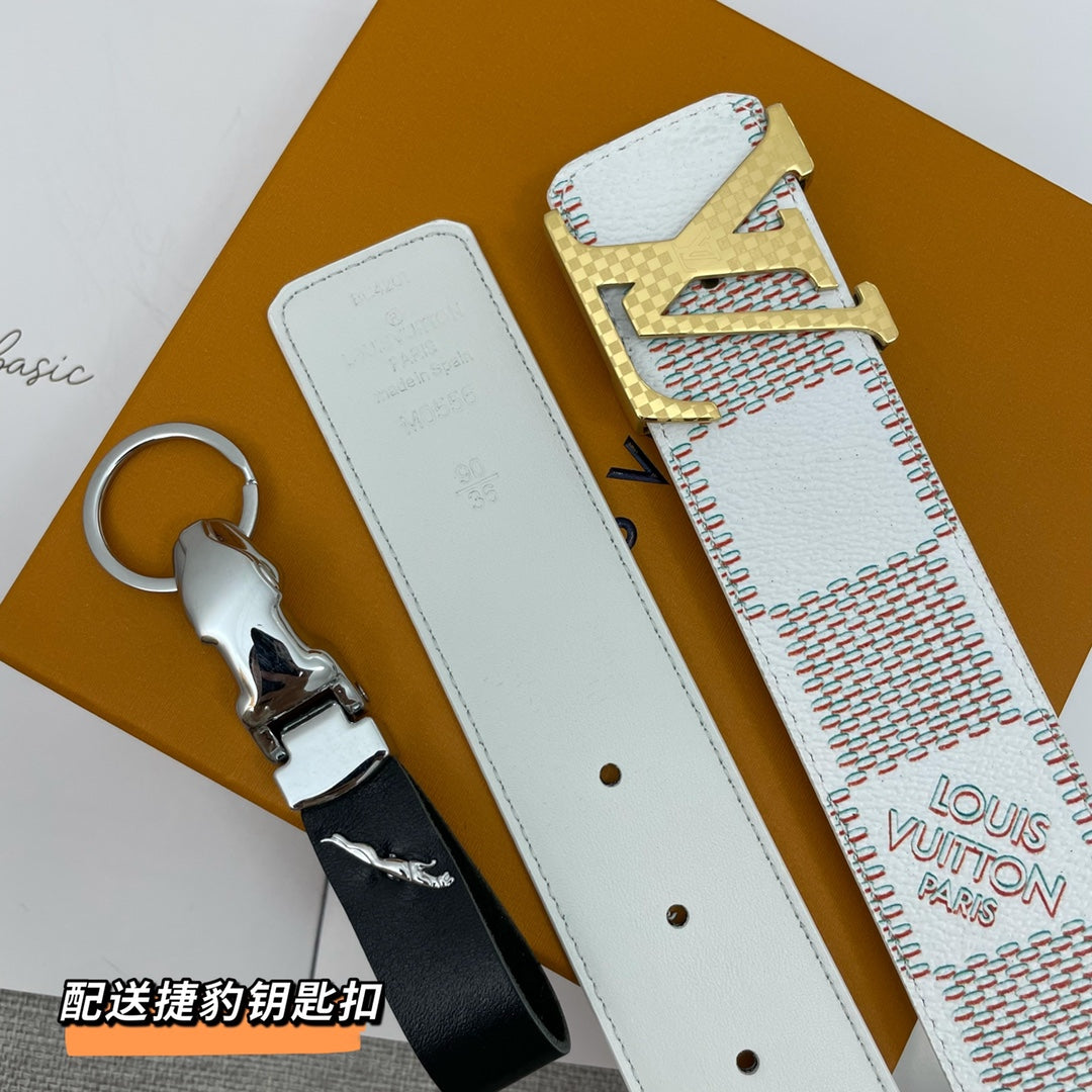Luxury Men's Designer Style Leather Belt with Monogram and Damier Patterns, LV Style Buckle, White and Blue, Includes Bonus Keychain