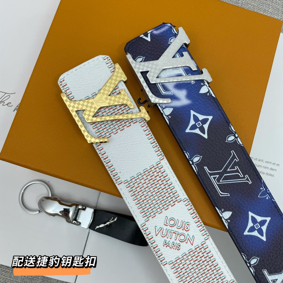 Luxury Men's Designer Style Leather Belt with Monogram and Damier Patterns, LV Style Buckle, White and Blue, Includes Bonus Keychain