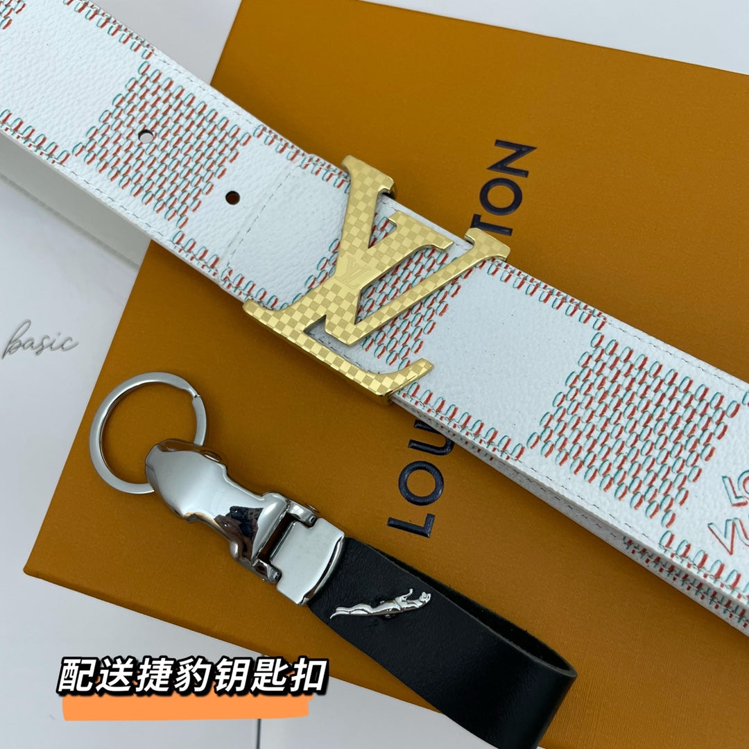 Luxury Men's Designer Style Leather Belt with Monogram and Damier Patterns, LV Style Buckle, White and Blue, Includes Bonus Keychain