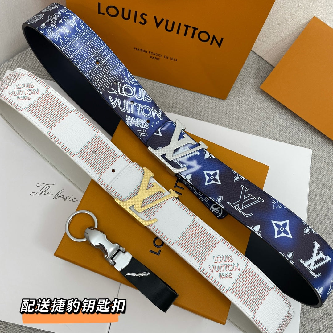 Luxury Men's Designer Style Leather Belt with Monogram and Damier Patterns, LV Style Buckle, White and Blue, Includes Bonus Keychain