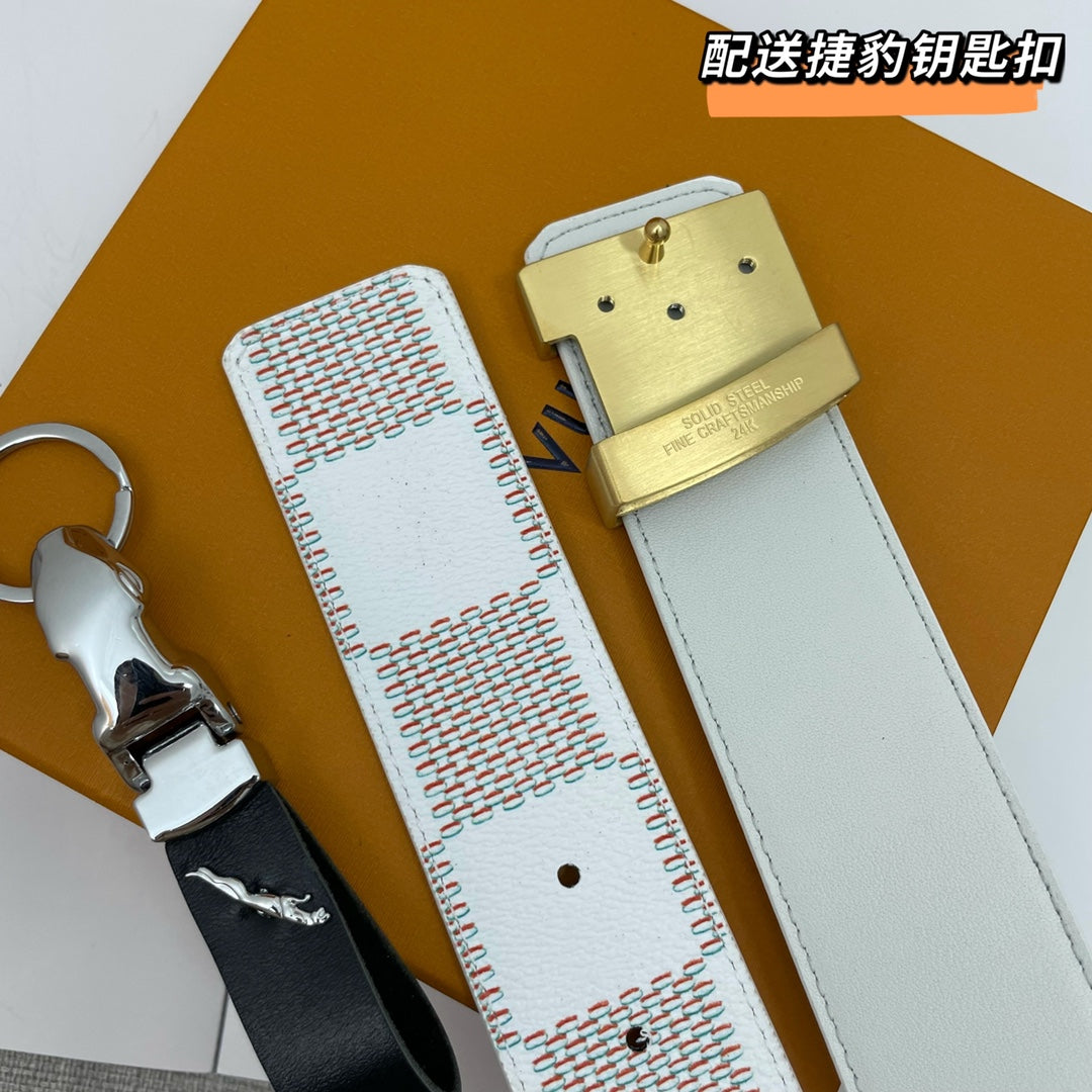 Luxury Men's Designer Style Leather Belt with Monogram and Damier Patterns, LV Style Buckle, White and Blue, Includes Bonus Keychain